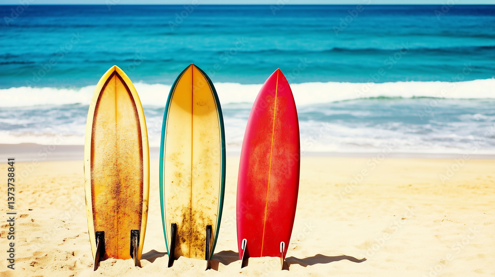 three colorful surfboards standing upright in the sand on a sunny beach with turquoise waves three colorful surfboards standing upright in the sand on a sunny beach with turquoise waves