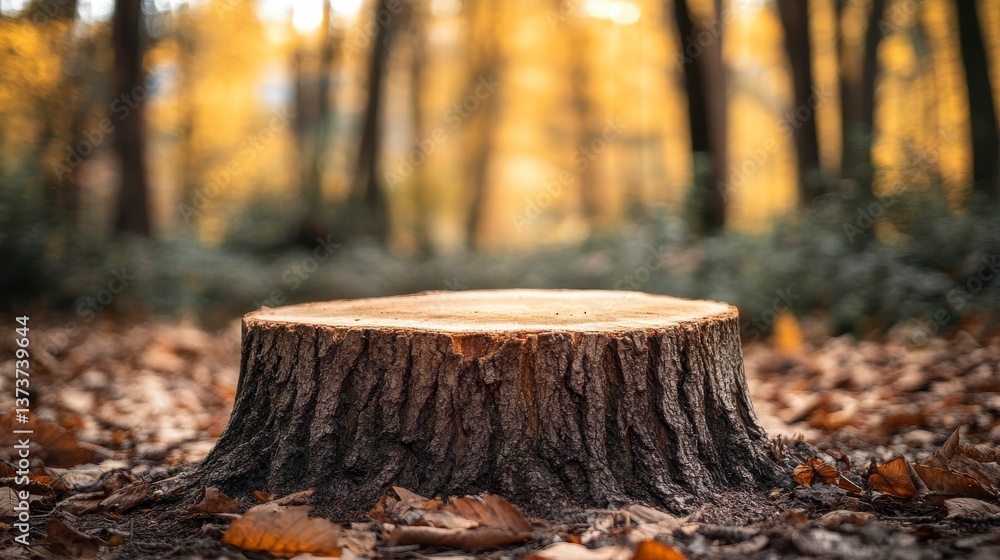 Obraz premium Close Up of a Tree Stump in a Forest with Golden Sunlight Hitting the Leaves and Blurred Background Showing the Forest Details