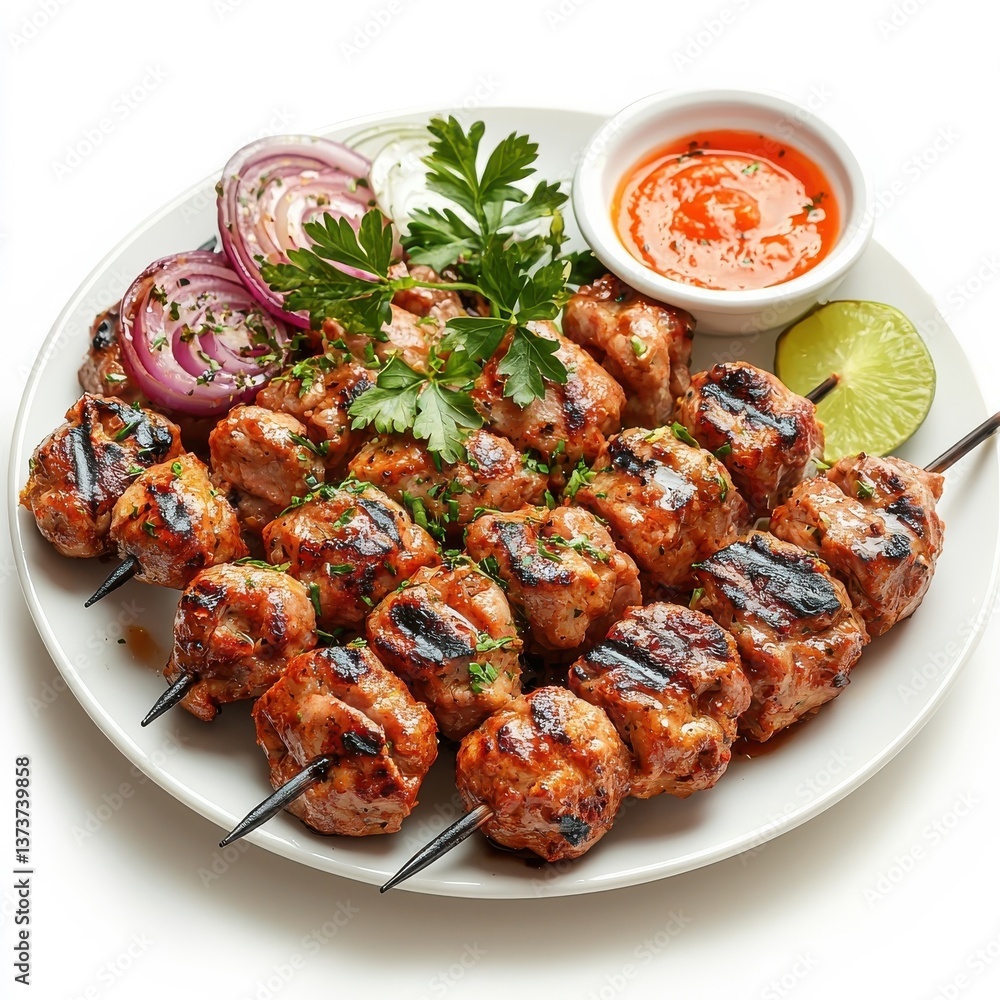 Kebab on a plate, isolated on a white background, elegantly presented for a gourmet look. Kebab on a plate, isolated on a white background, elegantly presented for a gourmet look.