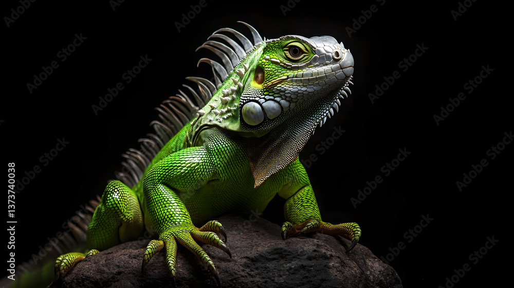 Fototapeta premium A green iguana with white frills sitting on a rock, against a black background. This is a full-body portrait, captured with professional photography and studio lighting