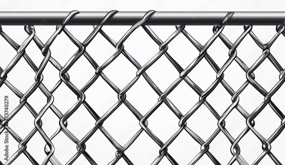 Fototapeta premium Grey Wire Mesh Fence with Diamond Pattern and Metallic Border Isolated on White Background for Security and Protection