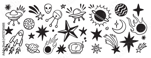 space, planets, stars and sun doodle hand drawn icon set. Outline drawing space sign line clipart symbol collection