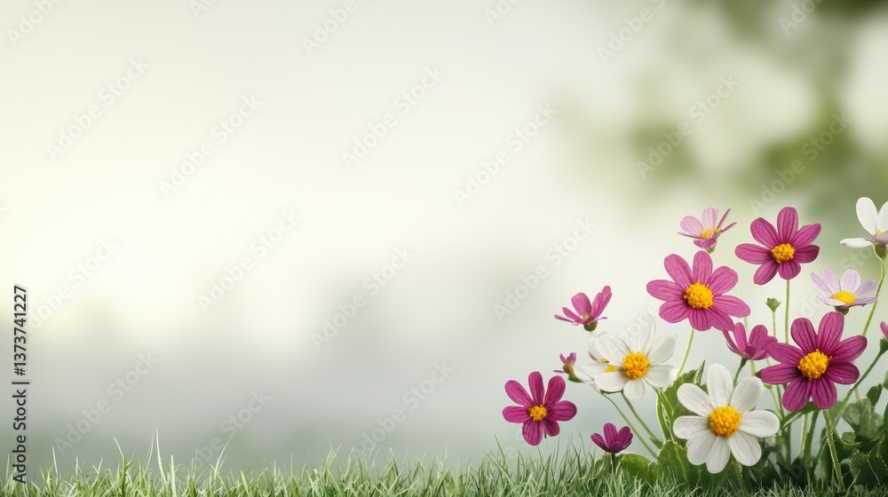 Obraz premium A soft, dreamy background featuring delicate flowers in shades of pink and white, set against a gentle, blurred landscape.