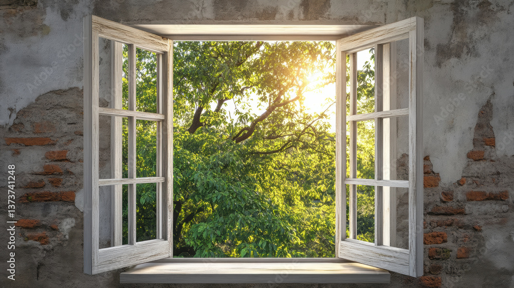 Obraz premium Forest window view scenery nature landscape green tree view window decor wallpaper