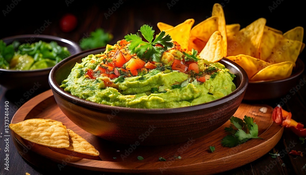 A delicious bowl of guacamole with crispy tortilla chips on the side. A delicious bowl of guacamole with crispy tortilla chips on the side.