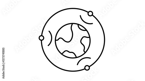Animated satellites fly in orbit around planet Earth and transmit communication signal. Satellite communication and GPS navigation. Looped black white video isolated on white background