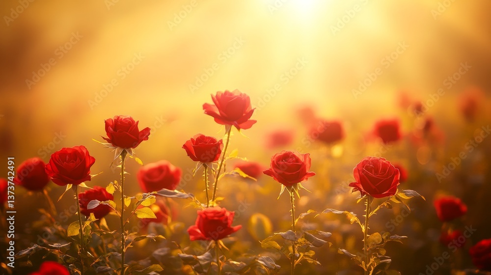 A stunning rose field illuminated by the golden sun, emphasizing the rich red tones of the blossoms and creating a serene and inviting natural scene.. AI Generation A stunning rose field illuminated by the golden sun, emphasizing the rich red tones of the blossoms and creating a serene and inviting natural scene.. AI Generation
