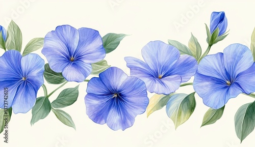 Detailed Watercolor Painting of Blue Flowers with Green Leaves on White Background Blooming with Artistry and Natural Beauty