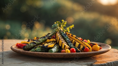 Grilled Vegetable Medley On Wooden Plate At Sunset