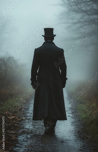 Victorian Man in Dark Coat and Top Hat Walking Along Foggy Path Through a Rural Grayscale Landscape