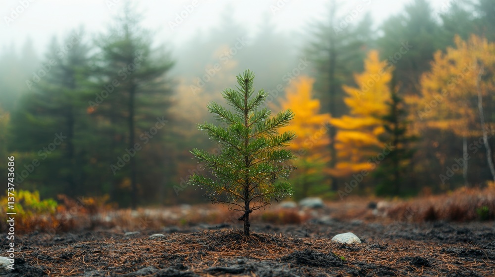 Young Pine Tree Stands Proudly in Foggy Forest of New England Showcasing Early Autumn Foliage and Tranquil Scenery With a Soft Ground Focus Young Pine Tree Stands Proudly in Foggy Forest of New England Showcasing Early Autumn Foliage and Tranquil Scenery With a Soft Ground Focus