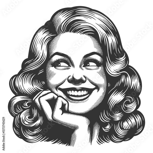 Playful cheerful woman with voluminous curly hair smiling and resting her chin on her hand sketch engraving generative ai fictional character vector illustration. Scratch board. Black and white.