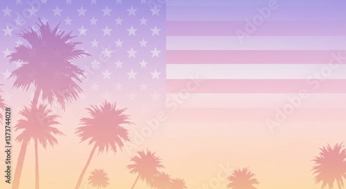 Silhouettes of palm trees against american flag at sunset