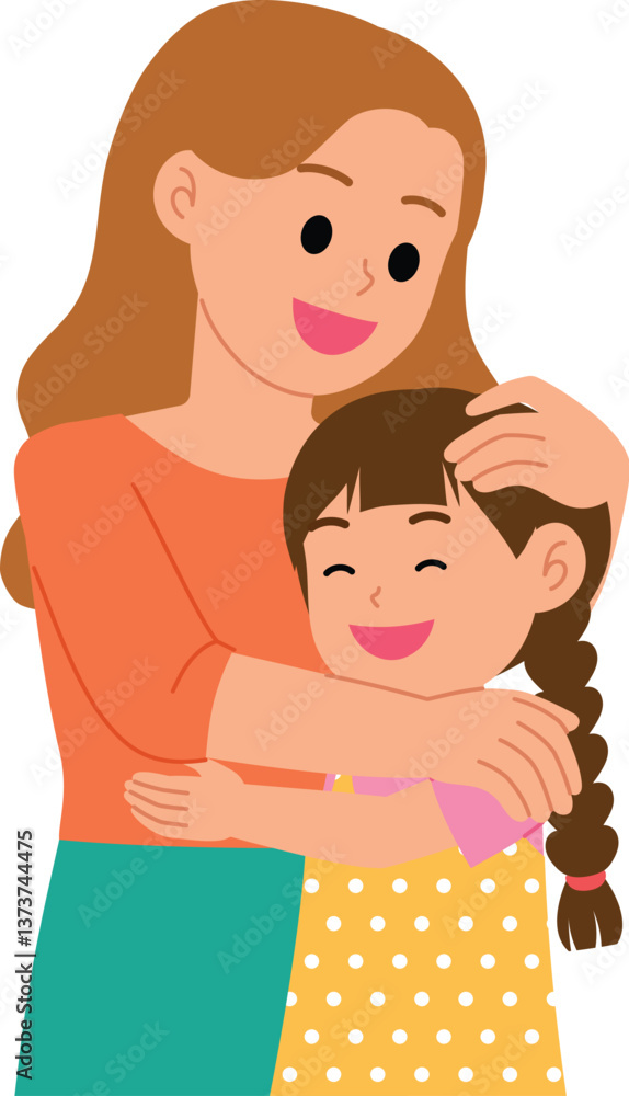 Young daughter embracing her mother, Mom patted her daughter’s head gently illustration Young daughter embracing her mother, Mom patted her daughter’s head gently illustration