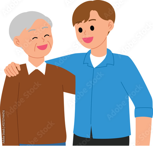 Grown up son embracing his elderly father with love illustration