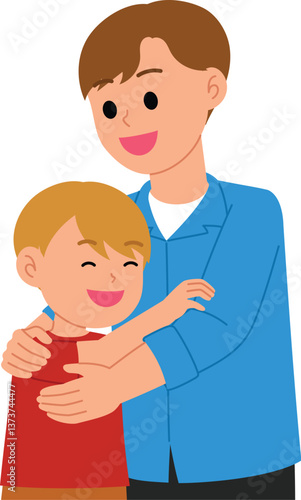 Young son embracing his father, Dad patted his son’s head gently illustration