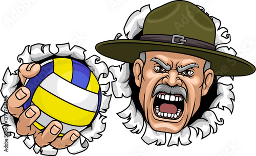 An angry drill instructor or sergeant bootcamp army soldier cartoon character holding volleyball ball sports team mascot illustration.