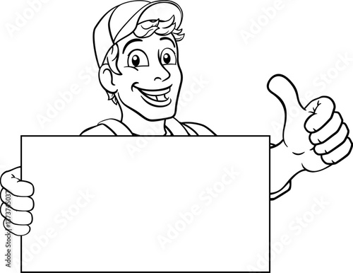 A painter, handyman, mechanic, plumber or other construction cartoon mascot man in overall dungarees. Giving a thumbs up.