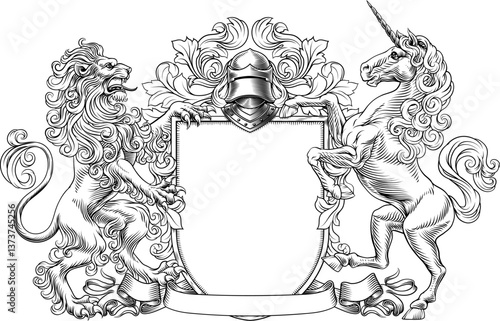 A unicorn and lion coat of arms or crest family heraldry medieval heraldic knight shield. With helmet and acanthus filigree scroll ornament in a vintage woodcut style.