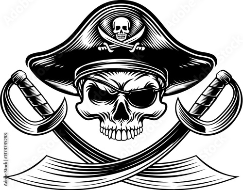 Pirate skull crossbones wearing a tricorn captain hat, eyepatch with crossing sabers or scimitar cutlass pirate swords. In a vintage retro woodcut style.