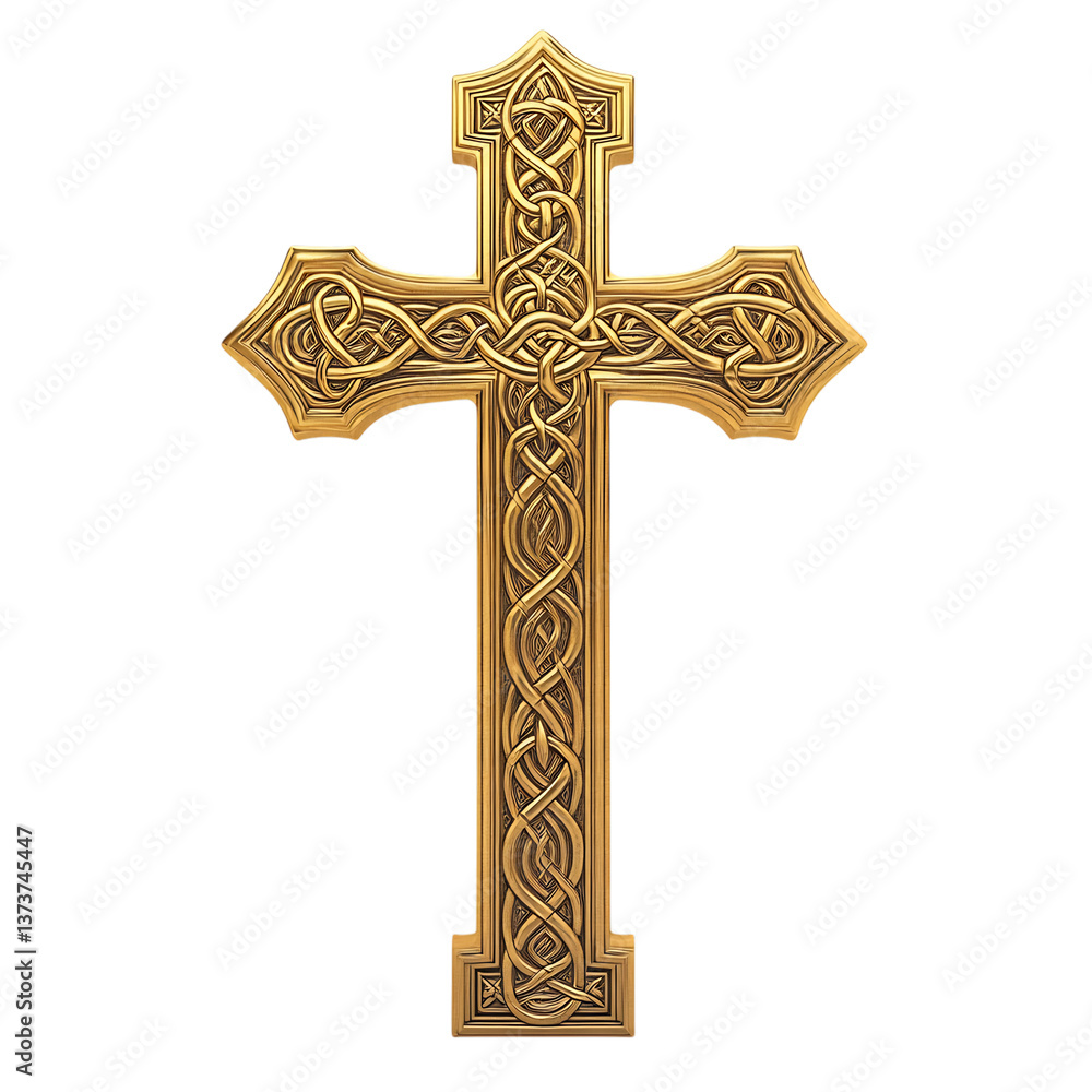 Golden Celtic Cross with Engraved Spirals Isolated on Transparent Background Golden Celtic Cross with Engraved Spirals Isolated on Transparent Background