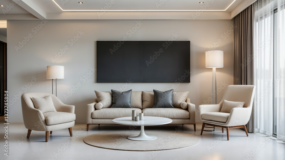 This image depicts a modern living room with a minimalist design. This image depicts a modern living room with a minimalist design.