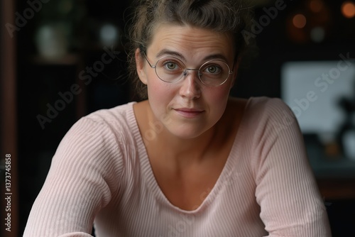 A mature professional of diverse ethnicity focuses on the computer screen, holding a pen while wearing trifocal glasses. The office is bright, featuring a clean and modern design