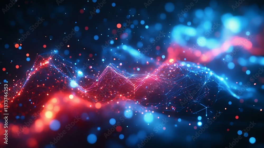 Obraz premium Abstract colorful waves of digital data illuminated by blue and red lights, creating a mesmerizing glowing effect.