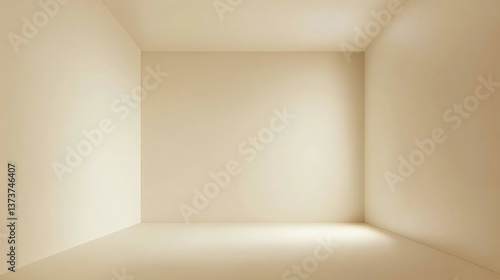 A minimalist empty room with soft lighting and beige walls, creating a calm and spacious atmosphere for various artistic uses.