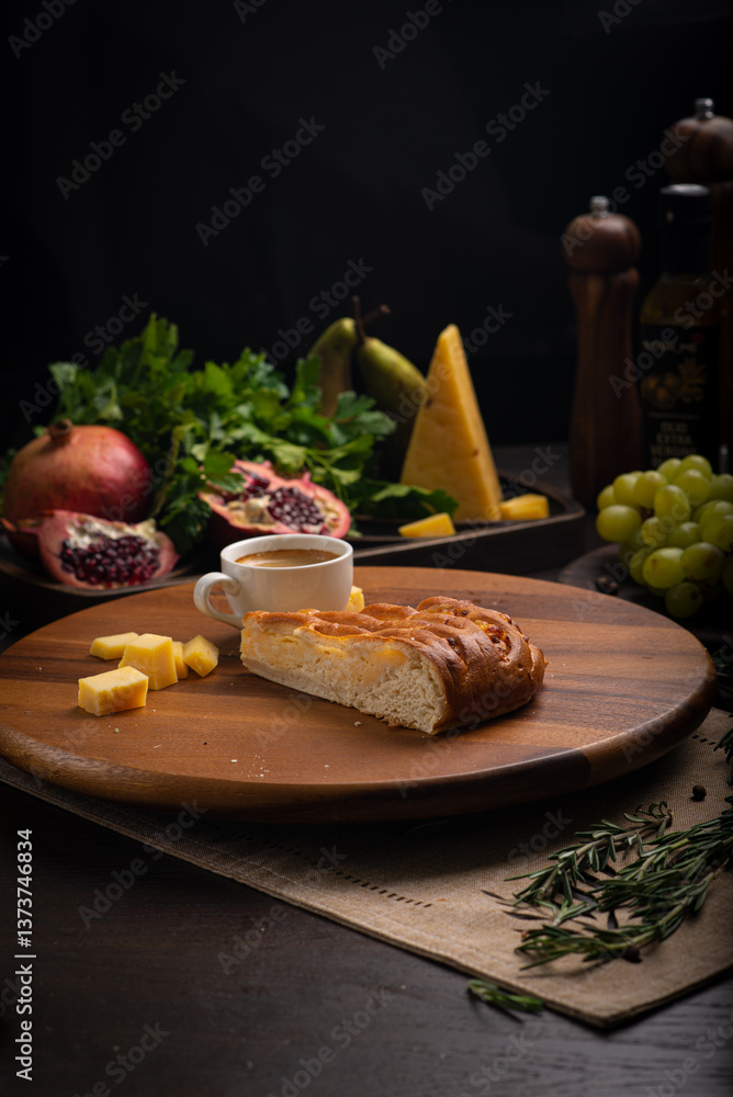 Cheese pastry pie on a dark table among products, oils, vegetables and fruits Cheese pastry pie on a dark table among products, oils, vegetables and fruits