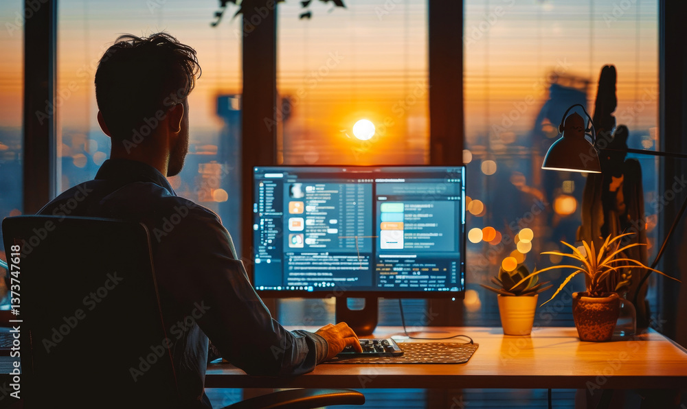 Evening Shot of Young App Developer Working on UI Design at Office Desk with City View at Sunset, Modern Workspace and Software Development Evening Shot of Young App Developer Working on UI Design at Office Desk with City View at Sunset, Modern Workspace and Software Development