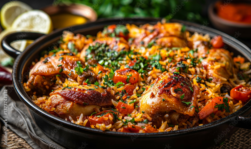 Sizzling Chicken Biryani with Fresh Herbs and Spices in Rustic Setting, Traditional Indian Dish, Flavorful Basmati Rice Mixed with Juicy Chicken and Vegetables, Perfect for Authentic Homemade Meals Sizzling Chicken Biryani with Fresh Herbs and Spices in Rustic Setting, Traditional Indian Dish, Flavorful Basmati Rice Mixed with Juicy Chicken and Vegetables, Perfect for Authentic Homemade Meals