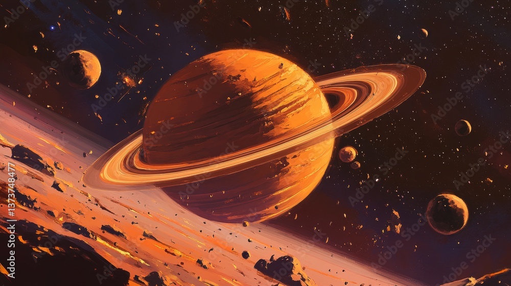 Naklejka premium A stylized ringed planet illuminated in warm tones, surrounded by asteroid fields and small moons, set in a dramatic cosmic backdrop of stars and glowing gases.. AI Generation