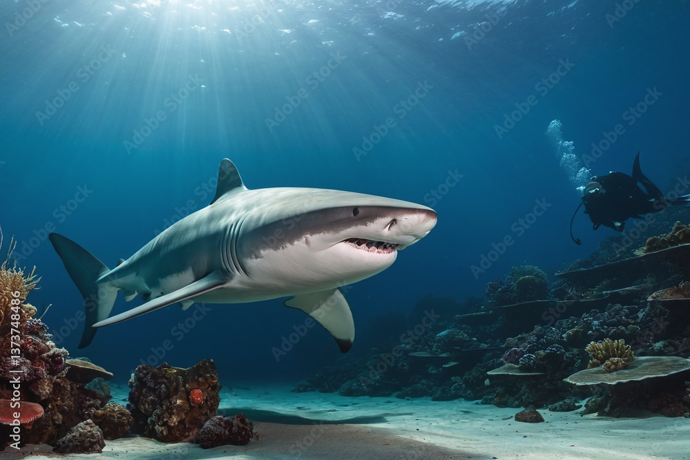 Fototapeta premium Great White Shark Gliding Through Deep Blue Ocean - Underwater Marine Predator Near Coral Reef with Scuba Diver