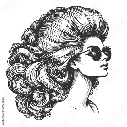 fashionable woman with voluminous hair wearing stylish sunglasses, exuding confidence and glamour sketch engraving generative ai vector illustration. Scratch board imitation. Black and white image.