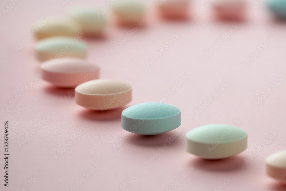 Colorful tablets arranged in a circular pattern on a soft pink surface Colorful tablets arranged in a circular pattern on a soft pink surface