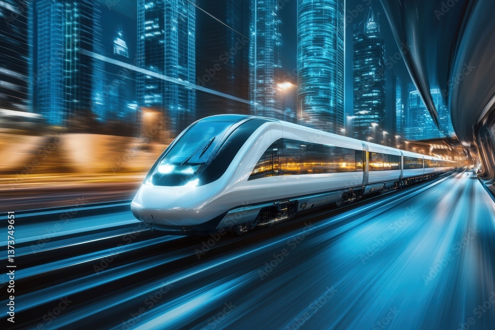 Fototapeta premium High-tech bullet train traveling through a futuristic urban landscape