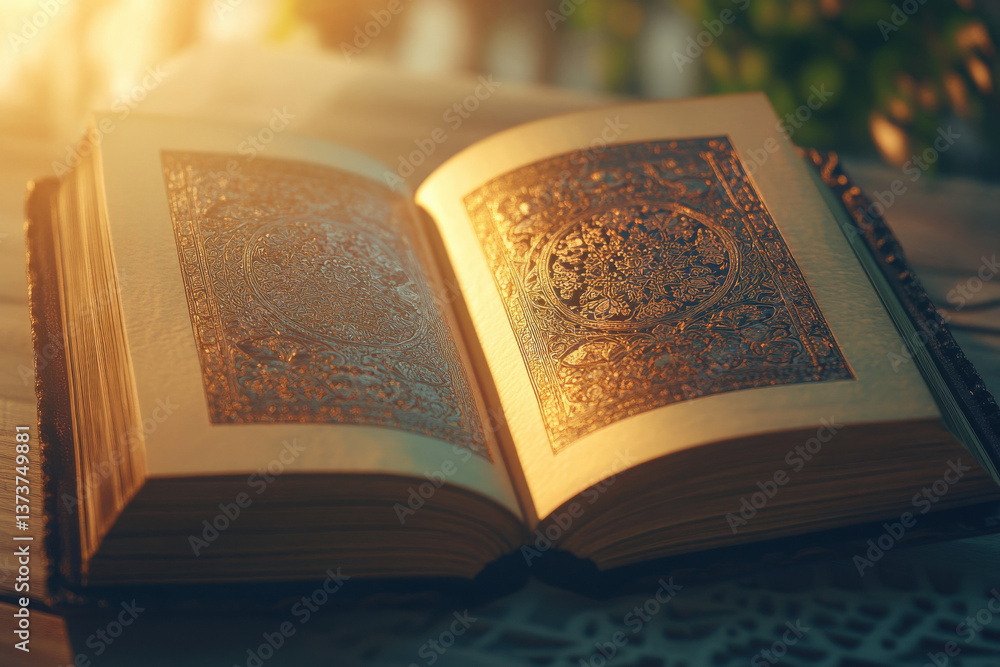 Fototapeta premium Open Prayer Book with Intricate Design in Soft Natural Light 