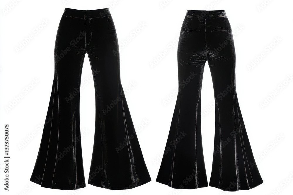 Obraz premium Black velvet flared trousers displayed from multiple angles showcasing elegant design and fabric texture for fashion enthusiasts
