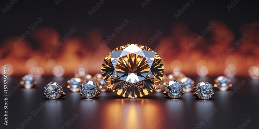 Fototapeta premium Large diamond glistening among smaller diamonds with fiery background.
