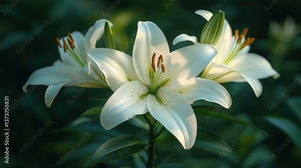 Elegant white lily blooms against a vibrant green backdrop. A serene and captivating floral portrait Elegant white lily blooms against a vibrant green backdrop. A serene and captivating floral portrait