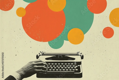 A cropped image of a female hand holding an antique typewriter is set against a retro grey background and accentuated with isolated colorful bubbles in a collage art design