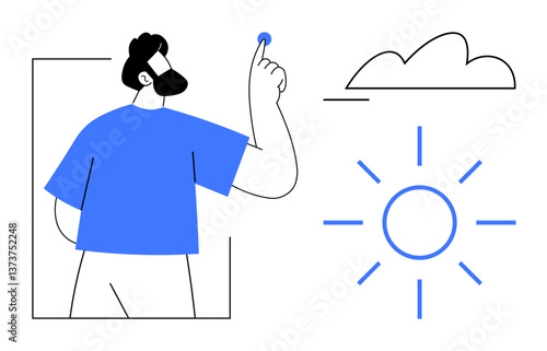 Bearded man in blue shirt reaching to interact with sun under cloud in abstract minimalist design. Ideal for concepts thumbs up technology, innovation, smart control, environment, weather, energy