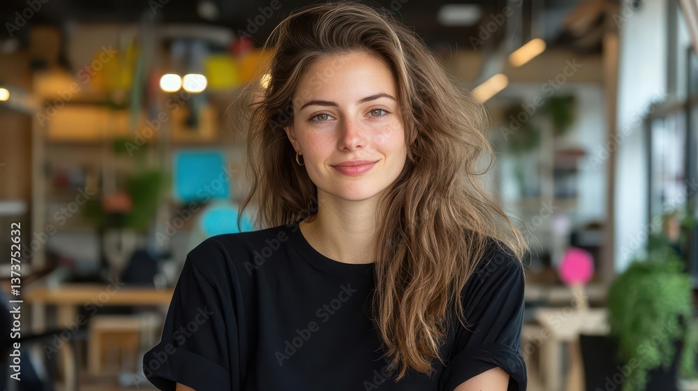 Young Woman with Long Hair Smiling in Bright Modern Workspace Young Woman with Long Hair Smiling in Bright Modern Workspace