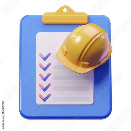 Construction checklist with yellow helmet on a clipboard