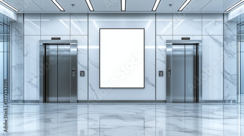 Blank white poster hanging on marble wall between two elevators in modern office or hotel lobby