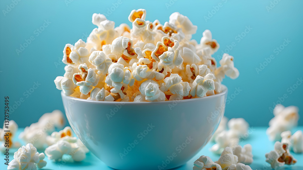 A White Bowl of Popcorn on a Blue Background A White Bowl of Popcorn on a Blue Background