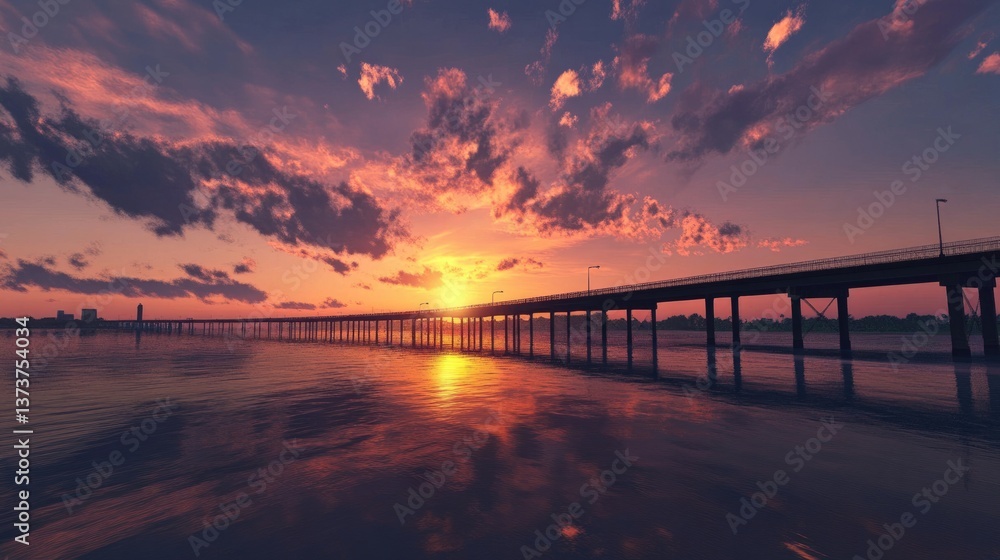 Fototapeta premium Orleans Parish. Sunset Sky Reflection in Water at Chef Menteur Bridge Highway 90