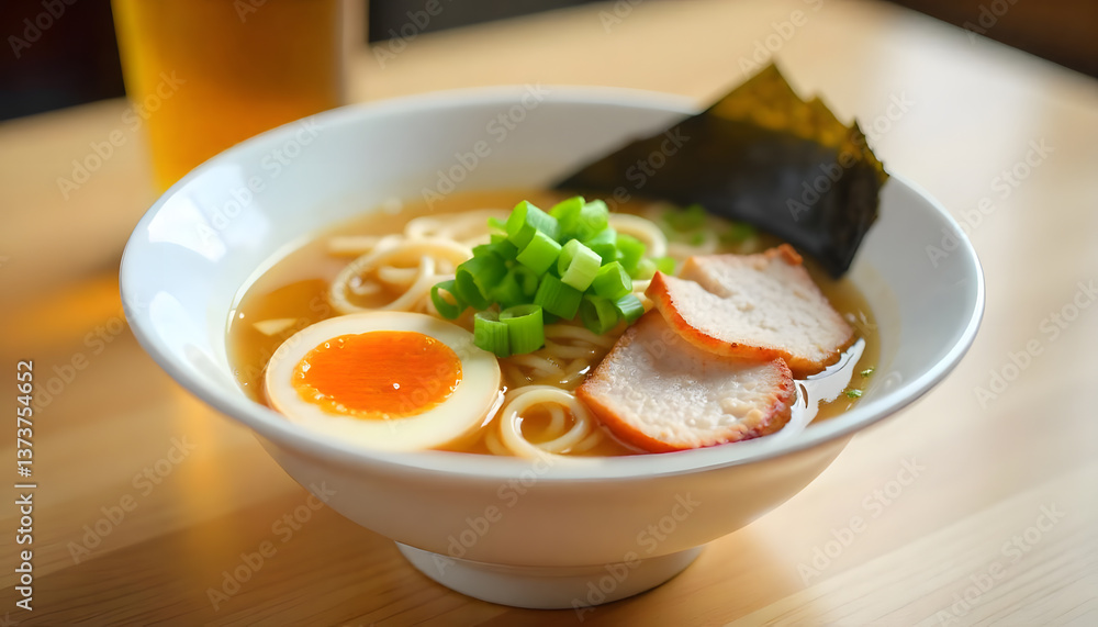 A bowl of ramen noodle with sliced pork and boiled egg. A bowl of ramen noodle with sliced pork and boiled egg.