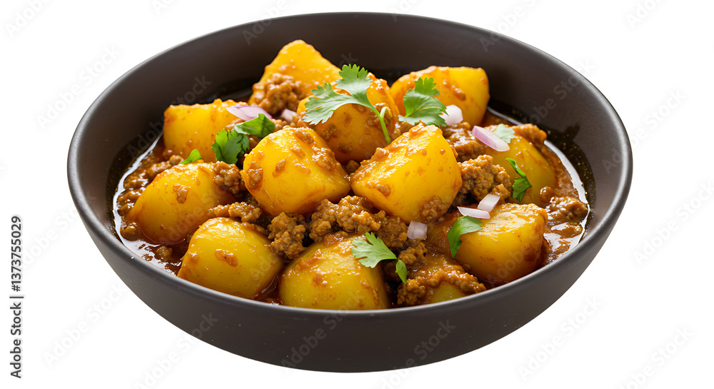 A bowl filled with potatoes and meat in a sauce garnished with cilantro and chopped red onions dish view A bowl filled with potatoes and meat in a sauce garnished with cilantro and chopped red onions dish view